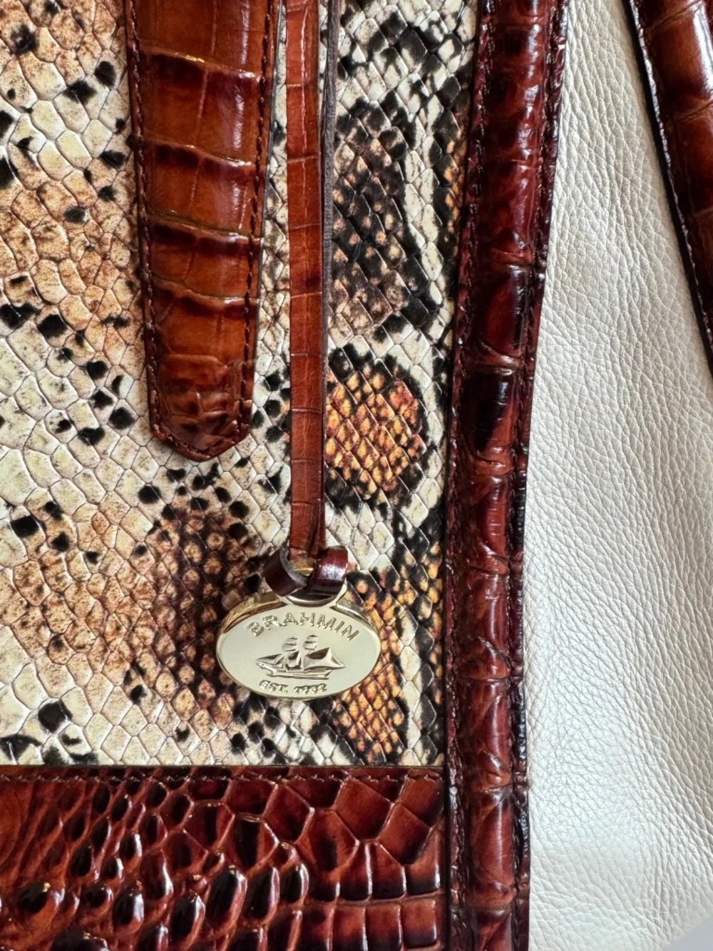 Brahmin Satchel Handbag Snakeskin Leather Trim Mini Asher Melbourne Hemlock